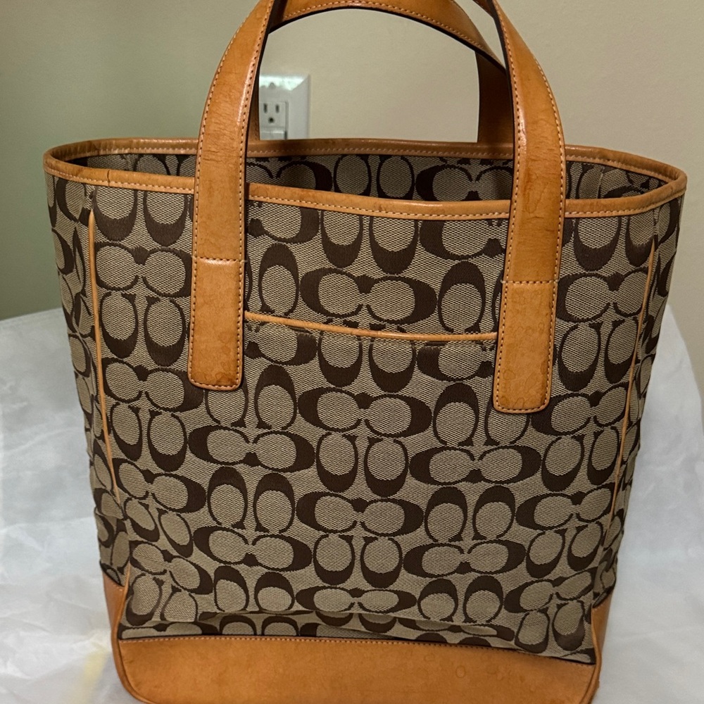 Coach Brown Signature Canvas Tote with Tan Leather Handles